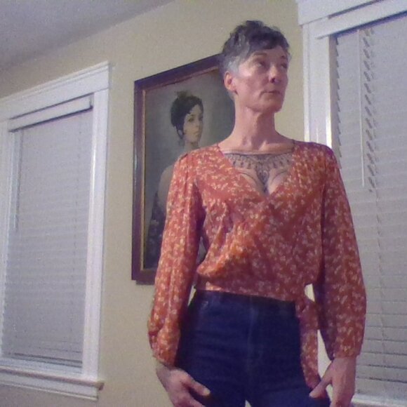 Harvest Orange Faux Wrap Blouse Lucky Brand Size Small - Picture 5 of 5